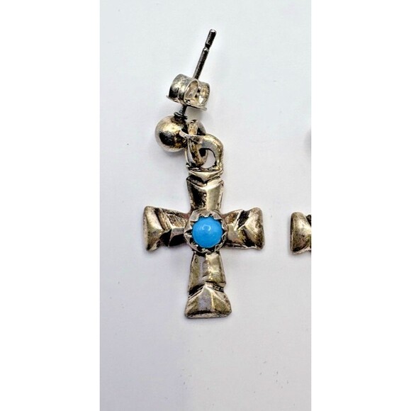 Vintage Sterling Silver Native American Turquoise Cross Earrings Not Polished - Picture 3 of 9